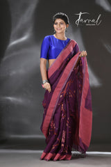 Mauve with multi colour allover rose motifs handwoven muslin silk jamdani saree - Tamal Boutique