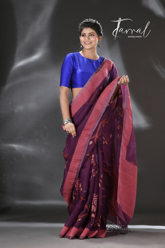 Mauve with multi colour allover rose motifs handwoven muslin silk jamdani saree - Tamal Boutique