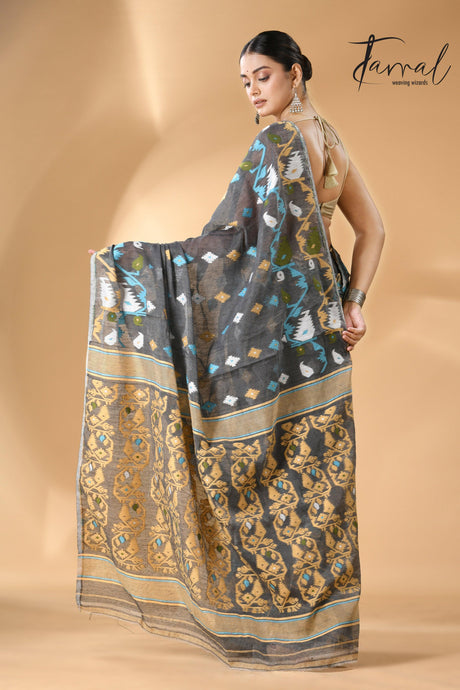 Grey with multi colour soft handloom dhaki jamdani saree - Tamal Boutique