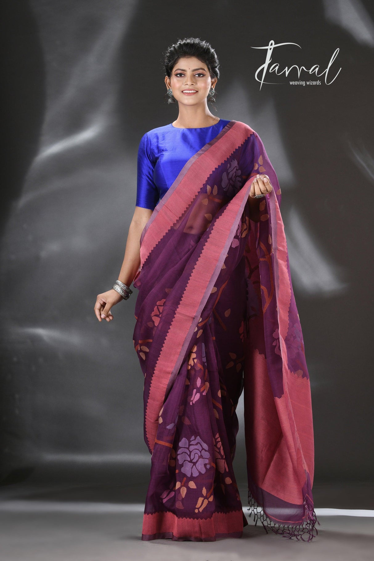 Mauve with multi colour allover rose motifs handwoven muslin silk jamdani saree - Tamal Boutique