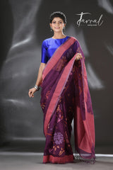 Mauve with multi colour allover rose motifs handwoven muslin silk jamdani saree - Tamal Boutique