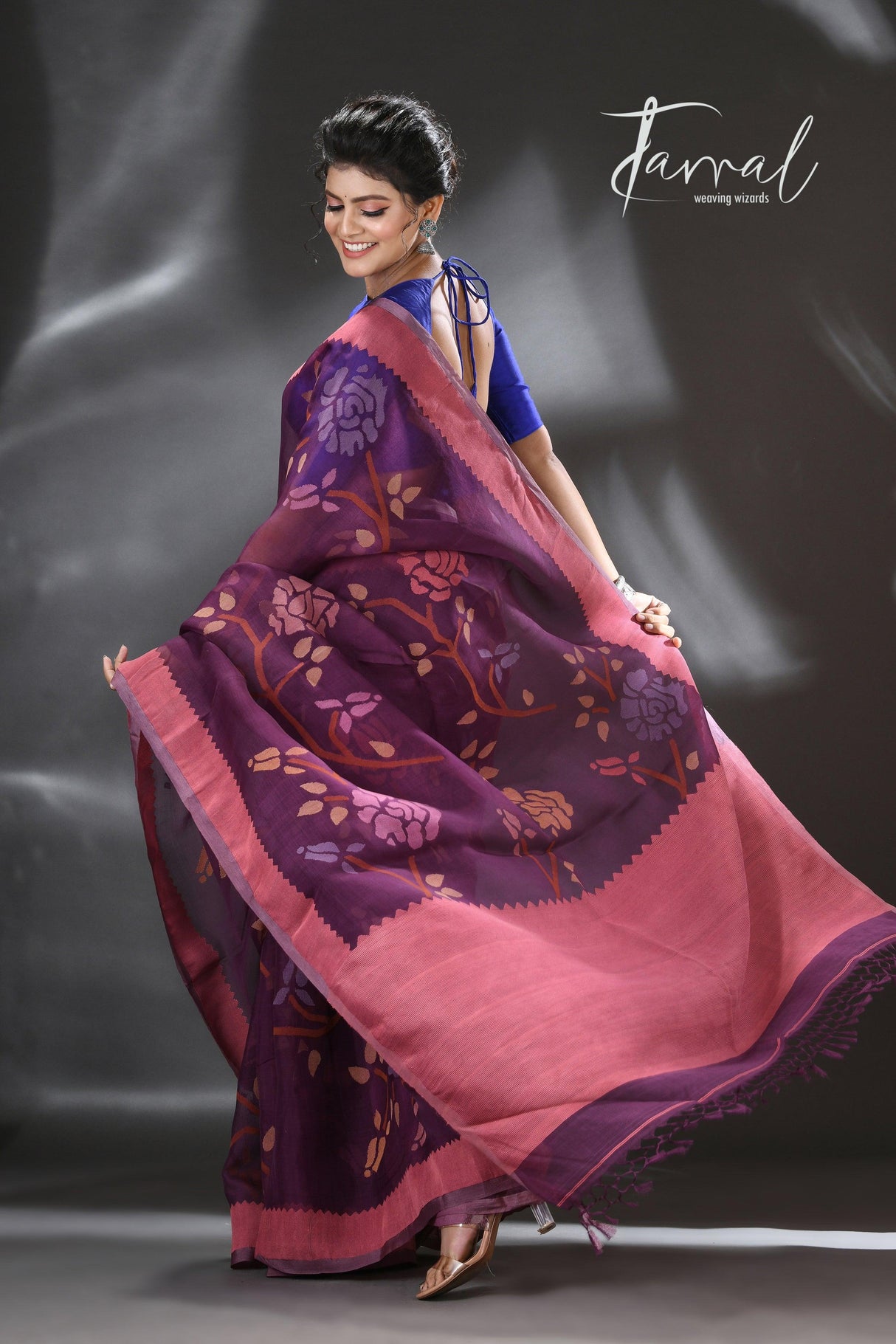 Mauve with multi colour allover rose motifs handwoven muslin silk jamdani saree - Tamal Boutique