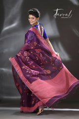 Mauve with multi colour allover rose motifs handwoven muslin silk jamdani saree - Tamal Boutique