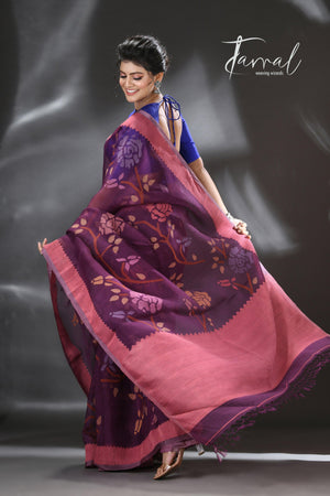 Mauve with multi colour allover rose motifs handwoven muslin silk jamdani saree - Tamal Boutique