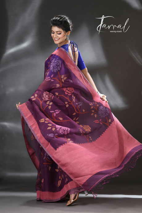 Mauve with multi colour allover rose motifs handwoven muslin silk jamdani saree - Tamal Boutique