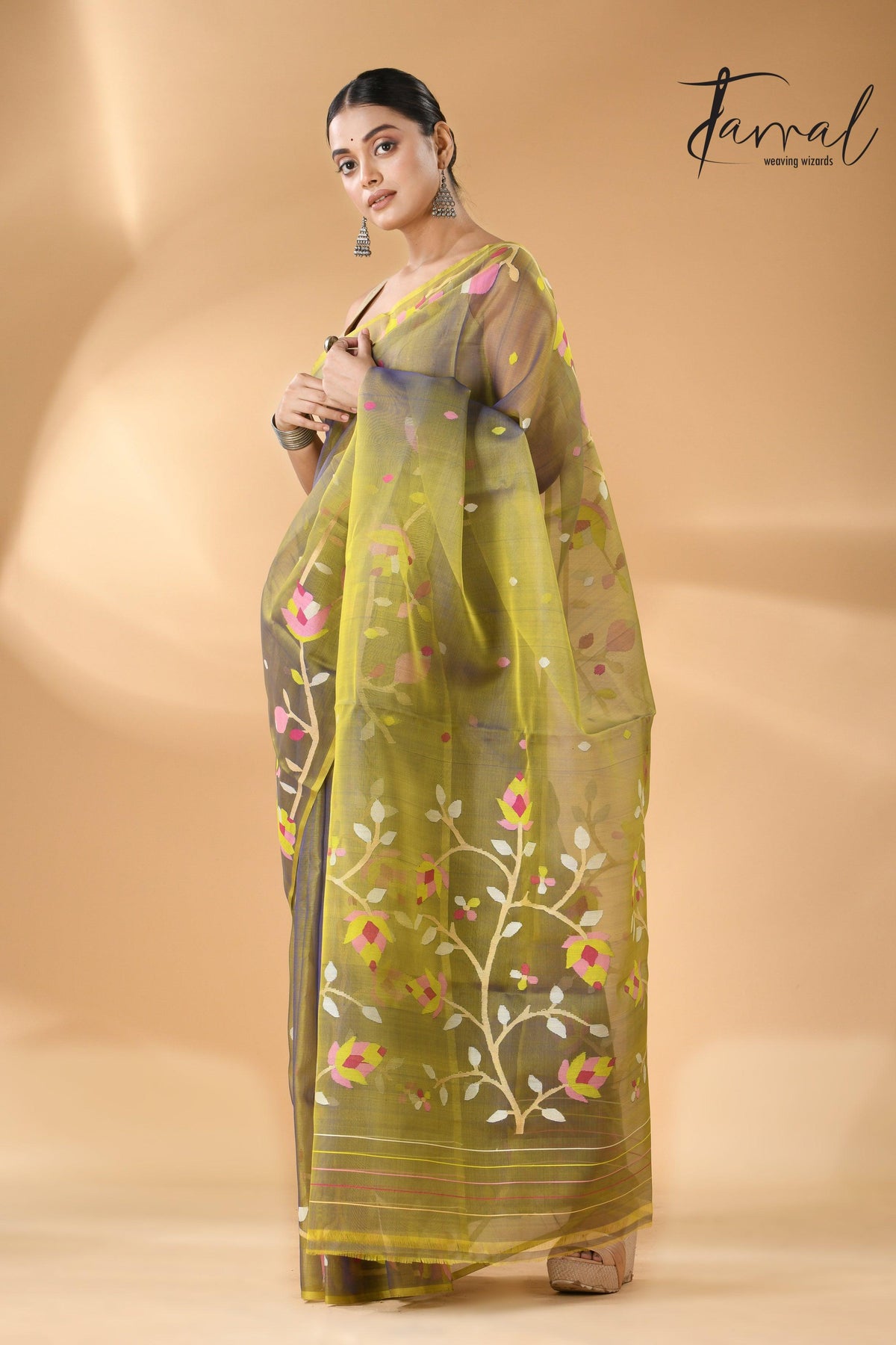 Yellowish blue dual tone muslin silk floral border handwoven jamdani saree - Tamal Boutique
