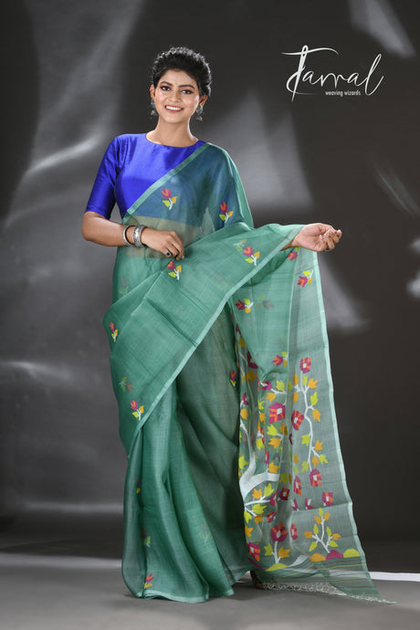 Pine green with blossom tree pallu muslin silk handwoven jamdani saree - Tamal Boutique