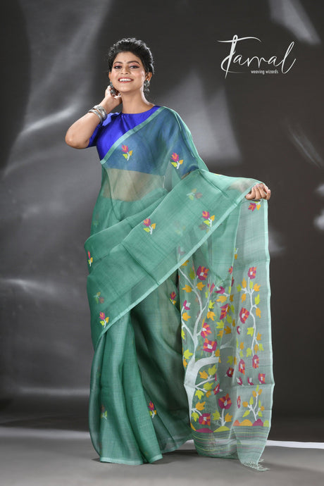 Pine green with blossom tree pallu muslin silk handwoven jamdani saree - Tamal Boutique