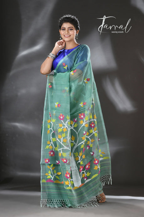 Pine green with blossom tree pallu muslin silk handwoven jamdani saree - Tamal Boutique
