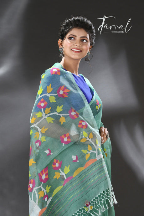 Pine green with blossom tree pallu muslin silk handwoven jamdani saree - Tamal Boutique