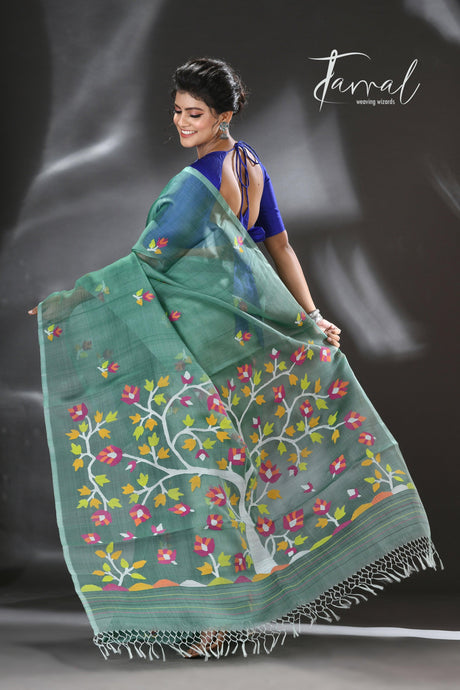 Pine green with blossom tree pallu muslin silk handwoven jamdani saree - Tamal Boutique