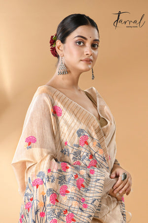 Offwhite with golden zari border bhagolpuri tussar silk embroidered saree - Tamal Boutique