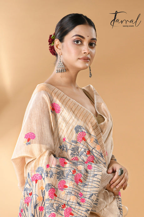Offwhite with golden zari border bhagolpuri tussar silk embroidered saree - Tamal Boutique