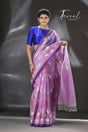 Lavender with purple border rose motifs allover muslin silk hand woven jamdani saree - Tamal Boutique