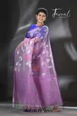 Lavender with purple border rose motifs allover muslin silk hand woven jamdani saree - Tamal Boutique