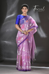 Lavender with purple border rose motifs allover muslin silk hand woven jamdani saree - Tamal Boutique