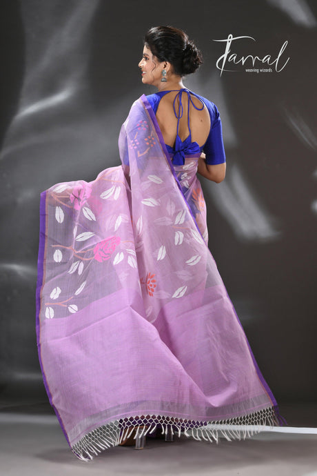 Lavender with purple border rose motifs allover muslin silk hand woven jamdani saree - Tamal Boutique
