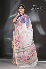 White with multicolour kalmilata floral handwoven muslin silk jamdani saree - Tamal Boutique