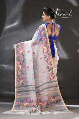 White with multicolour kalmilata floral handwoven muslin silk jamdani saree - Tamal Boutique
