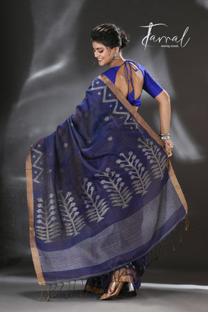 Indigo golden zari border tissue linen temple floral design handwoven jamdani saree - Tamal Boutique