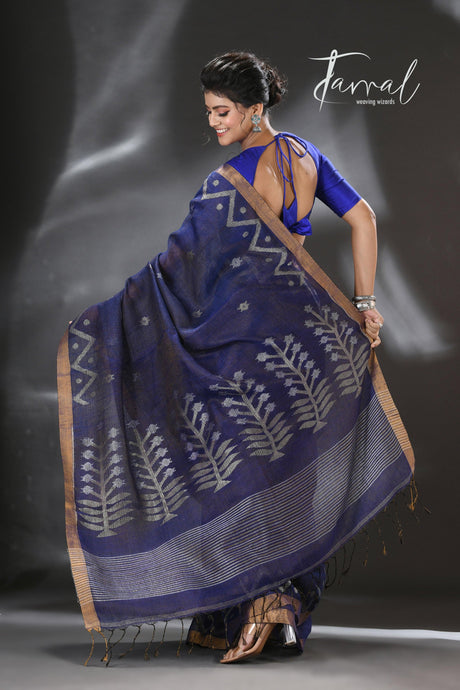 Indigo golden zari border tissue linen temple floral design handwoven jamdani saree - Tamal Boutique