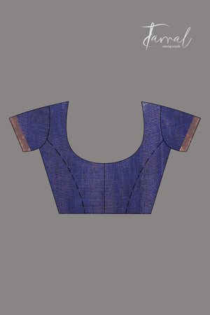 Indigo golden zari border tissue linen temple floral design handwoven jamdani saree - Tamal Boutique