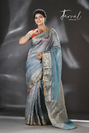 Silver sky with sequins crape tissue silk Banarasi handloom saree - Tamal Boutique