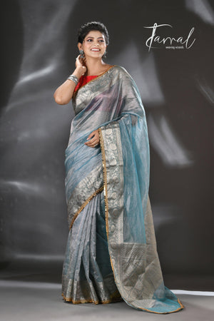 Silver sky with sequins crape tissue silk Banarasi handloom saree - Tamal Boutique