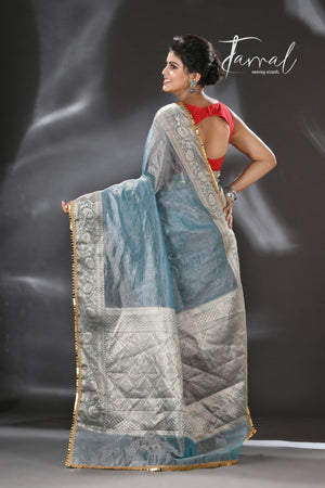 Silver sky with sequins crape tissue silk Banarasi handloom saree - Tamal Boutique