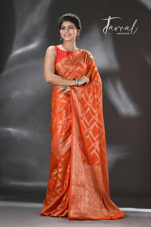 Orange with golden zari banarasi silk saree - Tamal Boutique