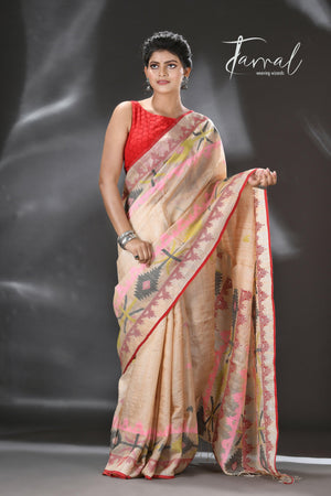 Beige with red border and Multicolor dhakai jamdani tussar silk handwoven jamdani saree - Tamal Boutique
