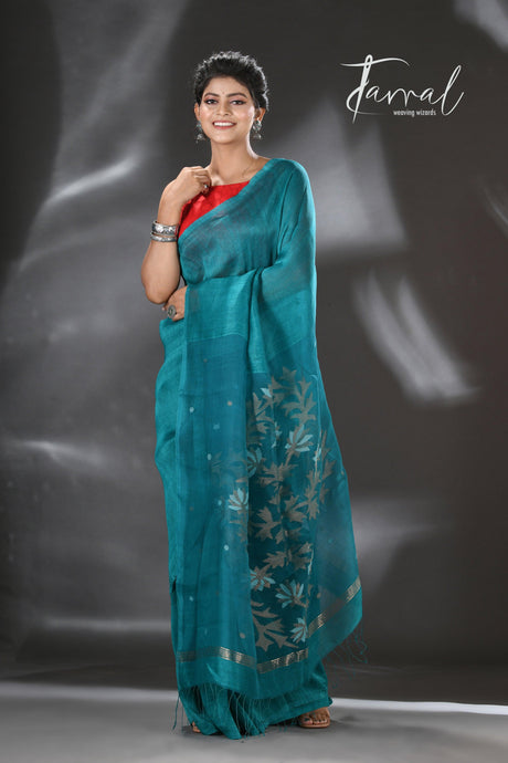 Tel blue silk linen thoka floral pallu handwoven jamdani saree - Tamal Boutique