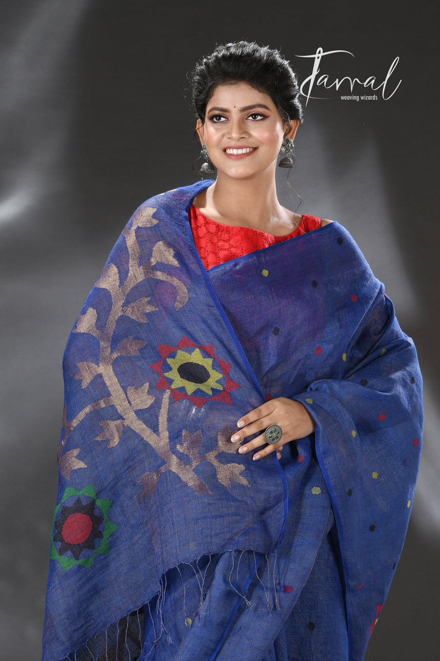 Blue with multicolour pure linen handwoven jamdani saree - Tamal Boutique