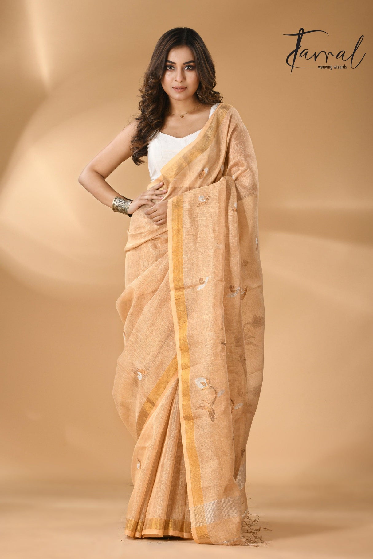 Golden buds tissue linen handwoven jamdani saree - Tamal Boutique