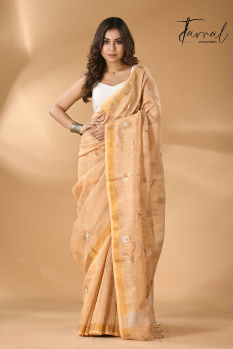 Golden buds tissue linen handwoven jamdani saree - Tamal Boutique