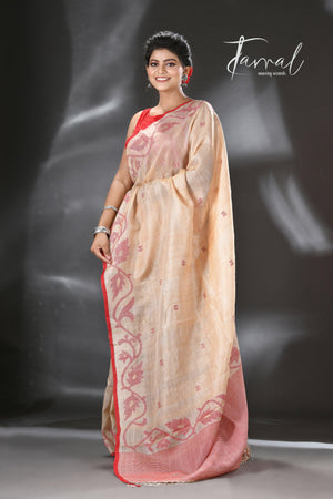 Light muga with red colour floral lata handwoven tussar silk jamdani saree - Tamal Boutique