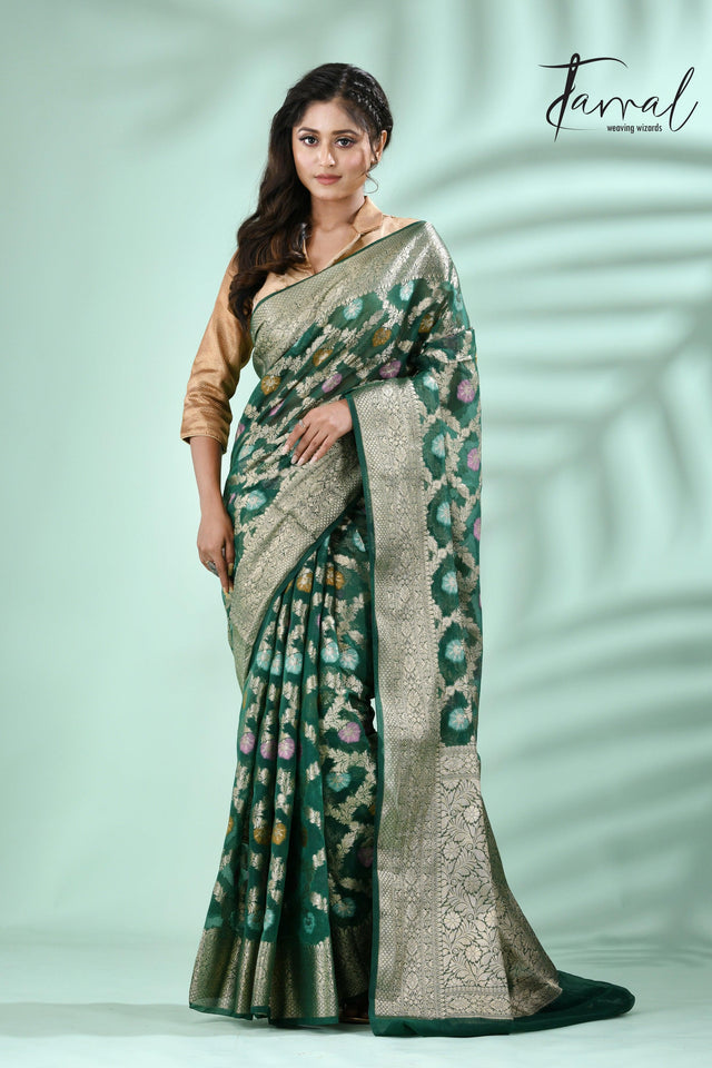 Bottle green with antic silver zari allover jal design banarasi silk saree - Tamal Boutique