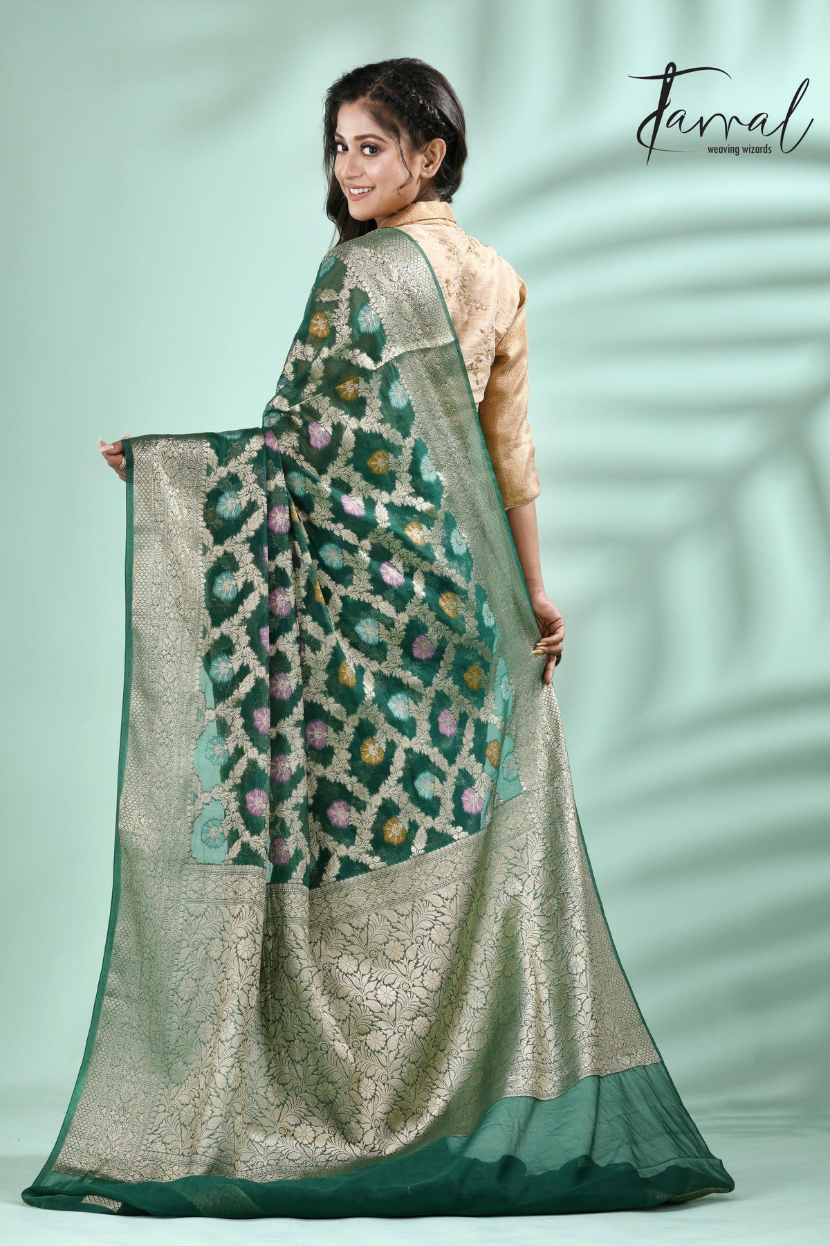 Bottle green with antic silver zari allover jal design banarasi silk saree - Tamal Boutique
