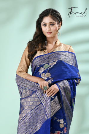 Royal blue with silver zari Banarasi silk saree - Tamal Boutique