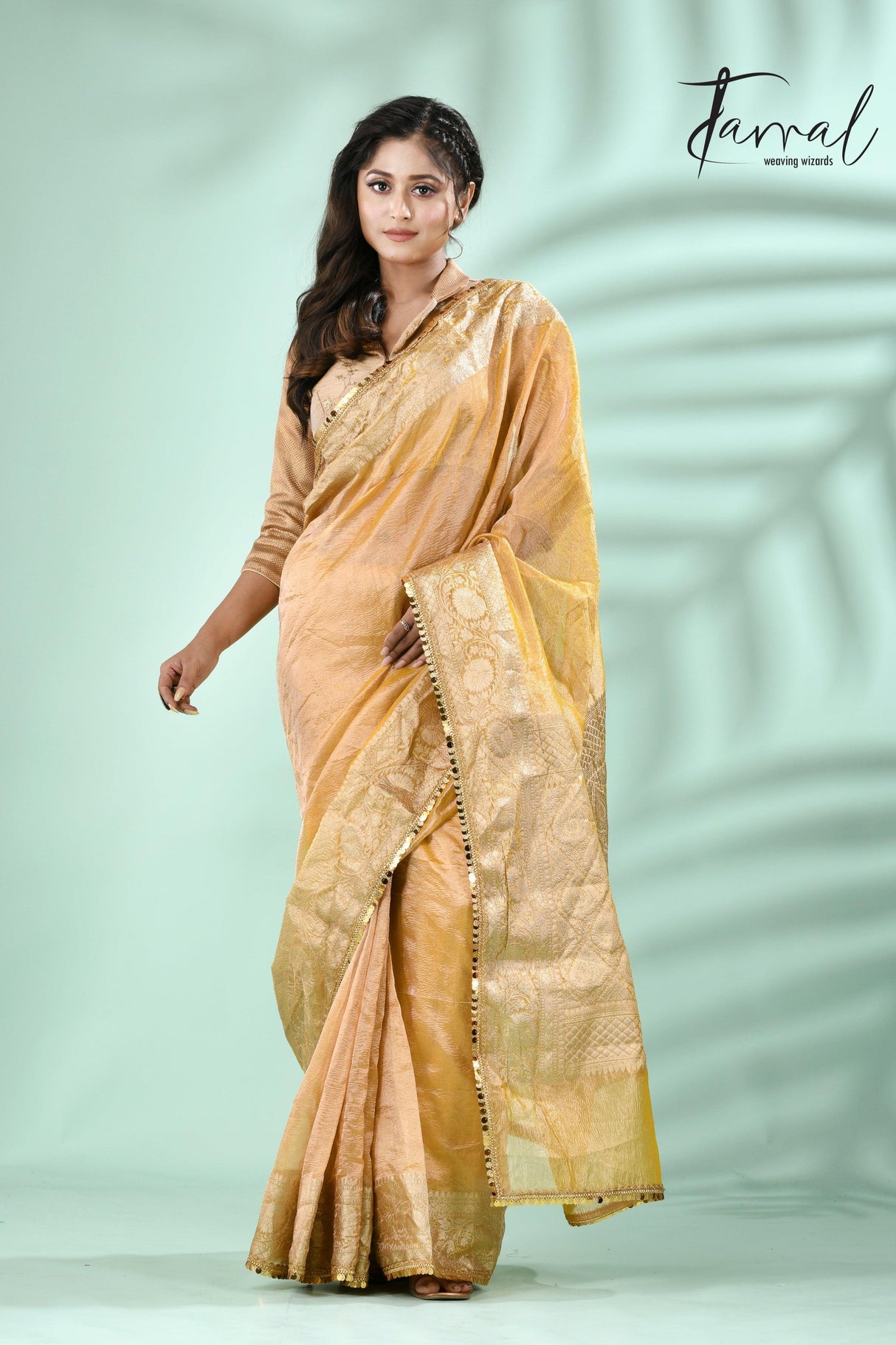 Golden yellow with sequins crape tissue silk Banarasi handloom saree - Tamal Boutique