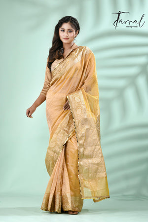 Golden yellow with sequins crape tissue silk Banarasi handloom saree - Tamal Boutique