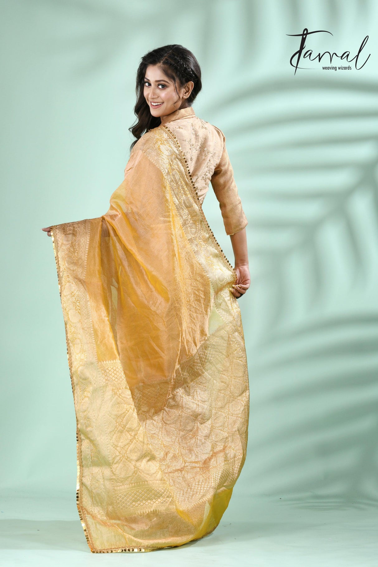 Golden yellow with sequins crape tissue silk Banarasi handloom saree - Tamal Boutique