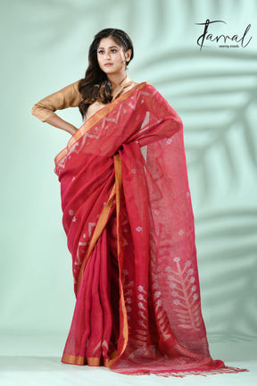 Strawberry with golden zari border tissue linen temple floral design handwoven jamdani saree - Tamal Boutique