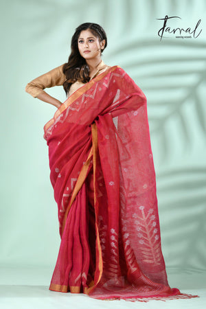 Strawberry with golden zari border tissue linen temple floral design handwoven jamdani saree - Tamal Boutique