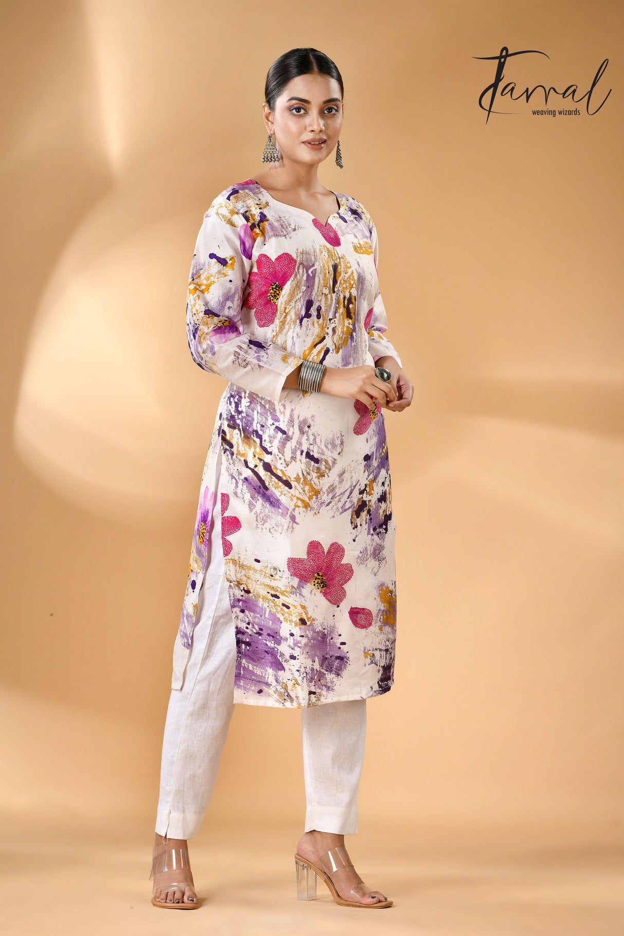 White rani & purple handcrafted batik with Kantha stitch work pure silk kurti - Tamal Boutique