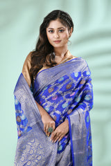 Royal Blue Banarasi Silk Saree with Antique Silver Zari Jal Weave