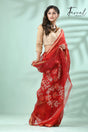 Red with zari border silk linen thoka floral pallu handwoven jamdani saree - Tamal Boutique