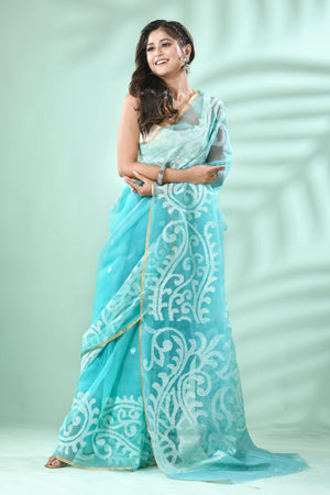 Sea green with zari border klaka motifs muslin silk handwoven jamdani saree - Tamal Boutique