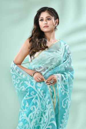 Sea green with zari border klaka motifs muslin silk handwoven jamdani saree - Tamal Boutique