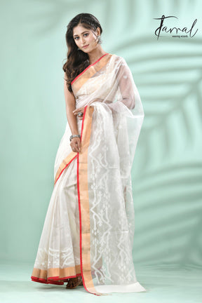 Offwhite with zari border contemporary handwoven muslin silk dhakai jamdani saree - Tamal Boutique